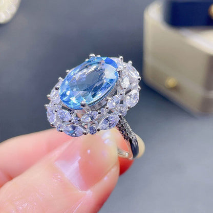 Imitation Natural Swiss Blue Topaz Ring Fashion Inlaid High Carbon Diamond Diamond Ring