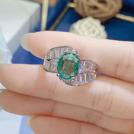 Imitation Paraiba Emerald Ring High-end T Square Diamond Colorful Treasure Ring for Women