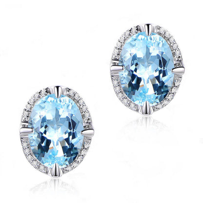 Temperament Sea Blue Imitation Crystal Gemstone Earrings Four-claw Low-luxury Diamond Earrings