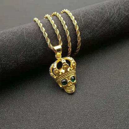 Gold Plated Crown Green Eyes Zircon Skull Undead Pendant