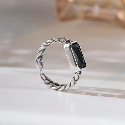 S925 Silver Black Onyx Geometric Square Design Ring