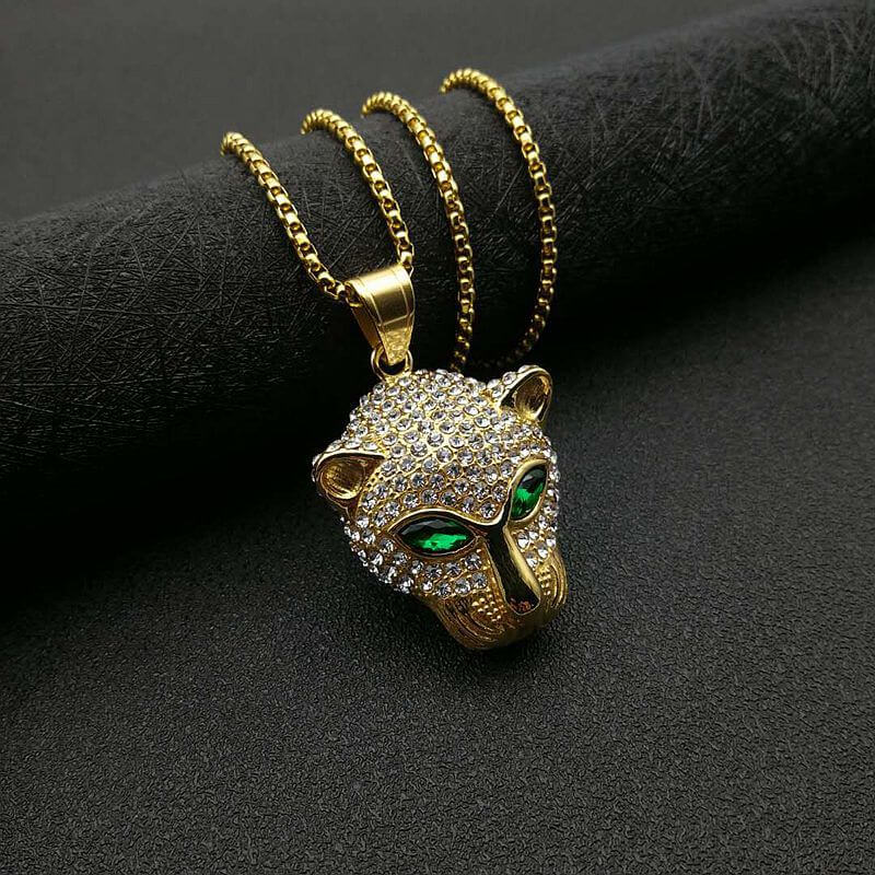 New Hip-hop Stainless Steel Inlaid Green Red Synthetic Cubic Zirconia Eyes Leopard Head Pendant for Men and Women