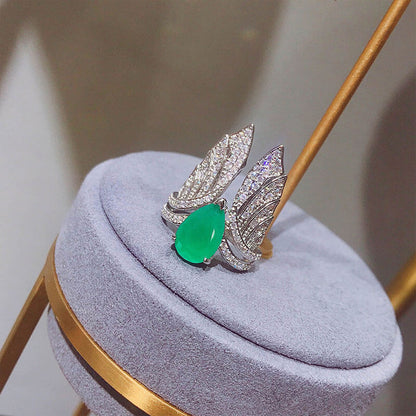 New Retro Simulation Emerald Open Ring Creative Angel Wings Colorful Treasure Ring