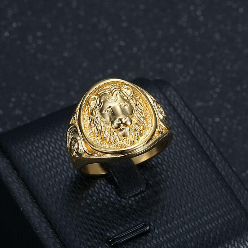 Vintage Punk Animal Lion Head Grass Pattern Men's Ring