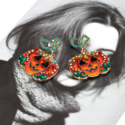 Halloween Exaggerated Full-studded Zircon Skull Jack-o-lantern Earrings Retro Ghost Face Ghost Fashion Earrings