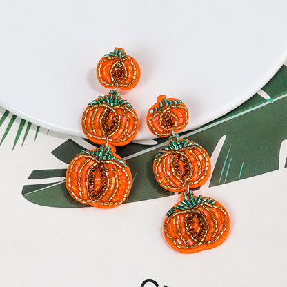 Halloween Handmade Rice Beads Three Layer Pumpkin Funny Earrings