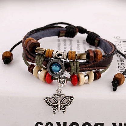 Beaded Cowhide Bracelet Multilayer Woven Vintage Butterfly Pendant Leather Bracelet