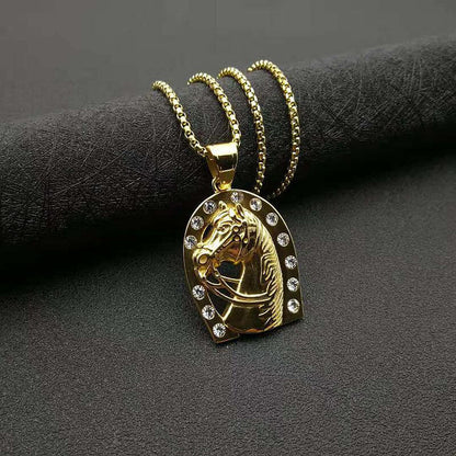 Hiphop Jewelry Titanium Steel Gold-plated Zircon Horse Head Pendant