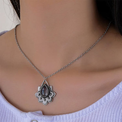 Double Lotus Drop Shaped Cat's Eye Stone Necklace