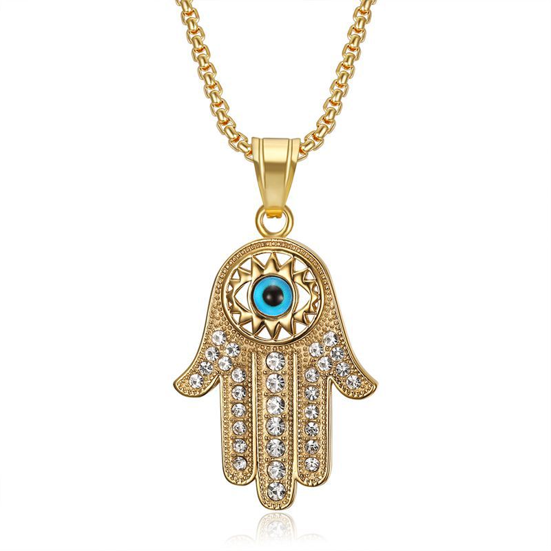 Hiphop Gold Plated Zircon Blue Eyes Hand of Fatima Pendant