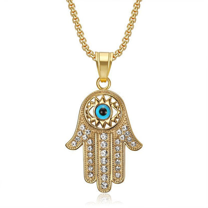 Hiphop Gold Plated Zircon Blue Eyes Hand of Fatima Pendant