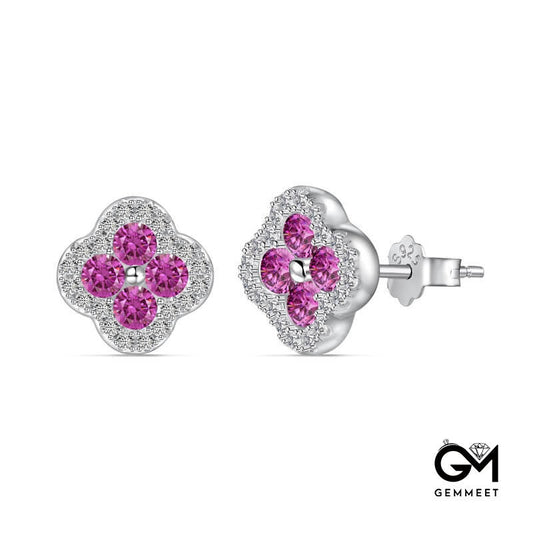 S925 Sterling Silver Leaf Flower Pink Zircon Earrings