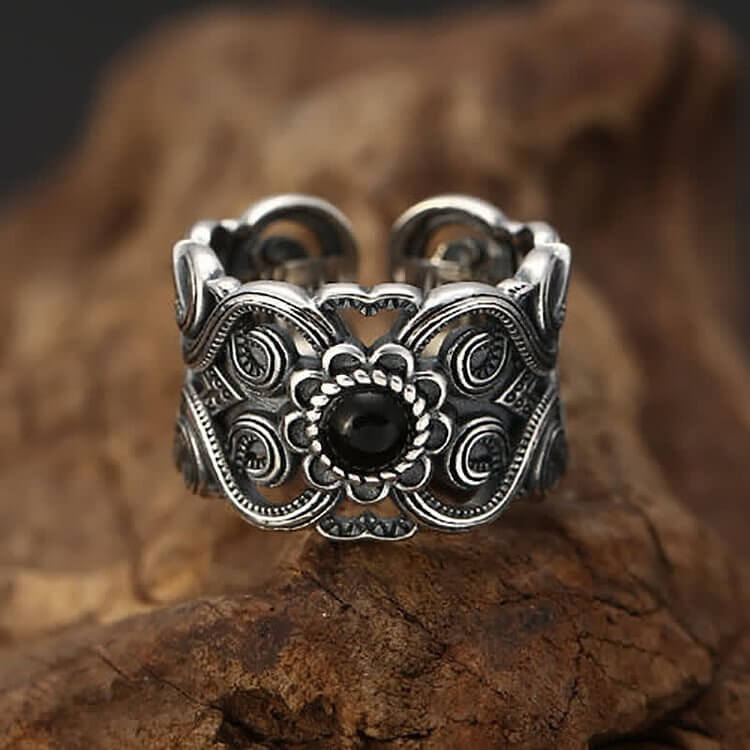 Ethnic Black Onyx Pattern Adjustable Ring