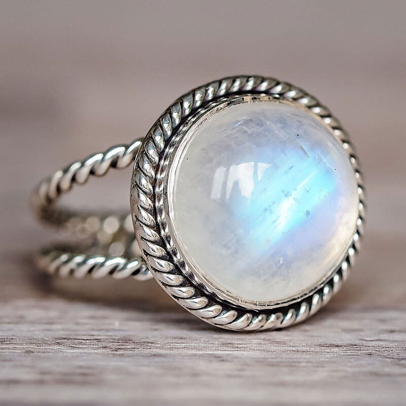 Vintage Big Round Cut Moonstone Rope Texture Ring