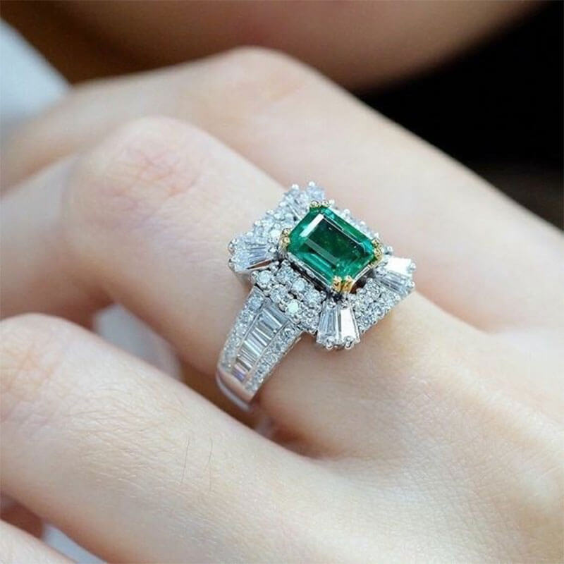 Emerald and Zirconia Square Princess Ring Micro Pave Diamond Engagement Ring