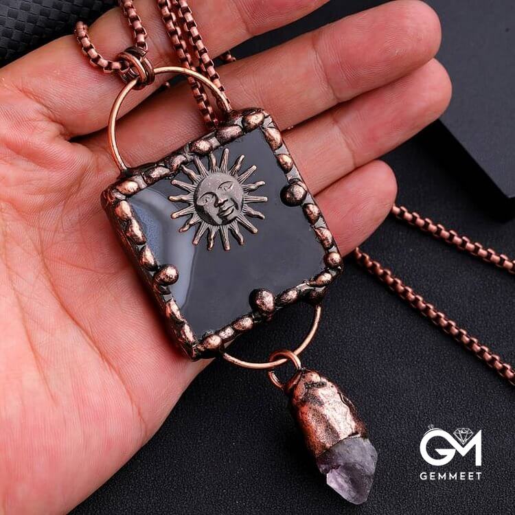 Sun God Black Agate Irregular Amethyst Gemstone Necklace