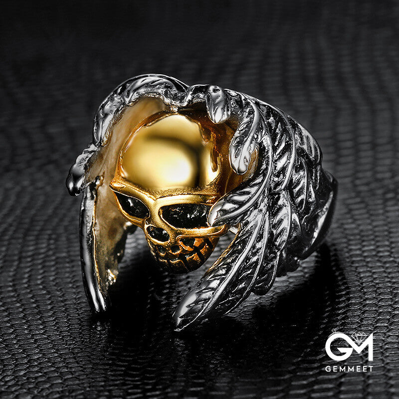 Titanium Steel Gold Skull Wing Ring