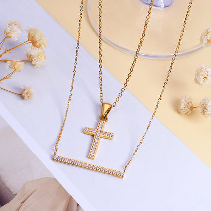 Gloden Cross Shape Full Stones Matching Necklace