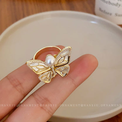 Gold plated pearl butterfly ring