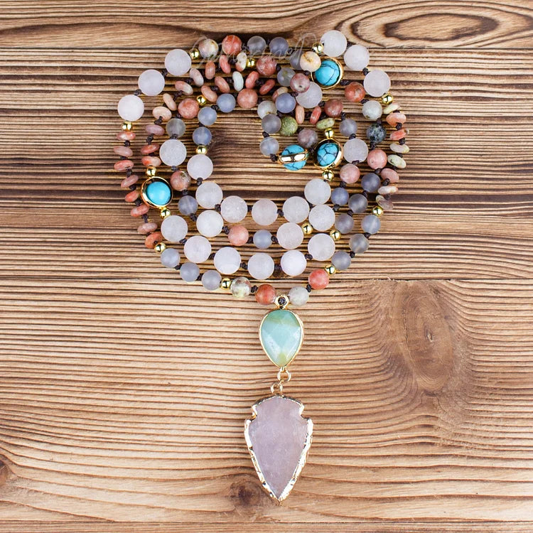 Natural Rose Quartz Mala Prayer Arrowhead Pendant Necklace