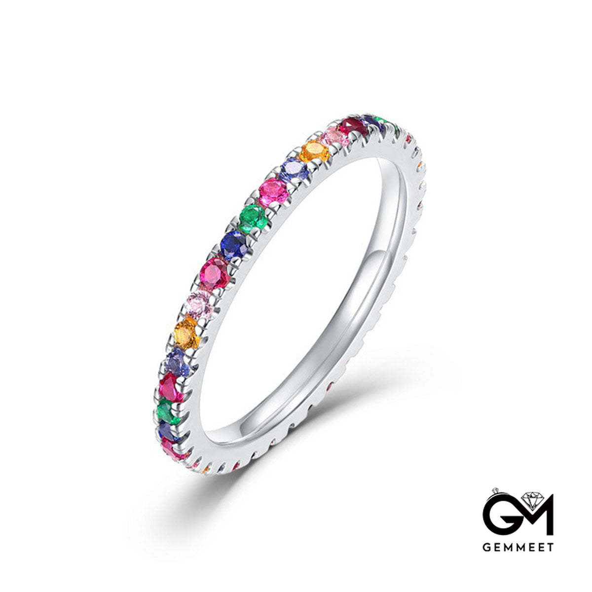 White Gold Prong Common Rainbow Stones Band Ring