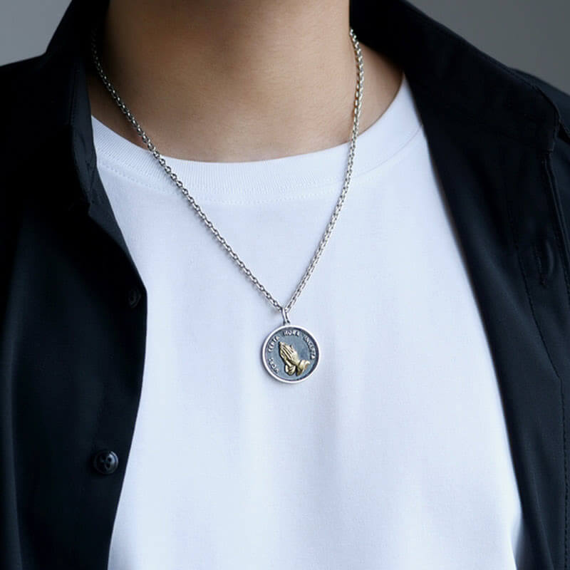 "Faith's Embrace" Men's Prayer Hand Metal Coin Necklace