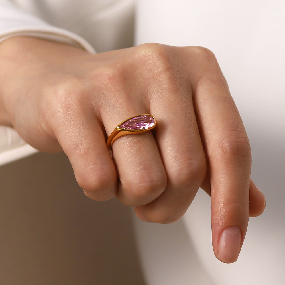 Stylish Stainless Steel Oval Pink Zircon Ring