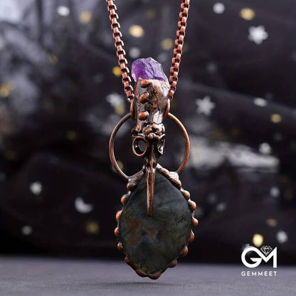 Copper Hummingbird Head Amethyst Labradorite Gemstone Necklace