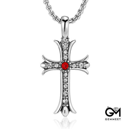 Stainless Steel Cross Pendant Red Zircon Necklace