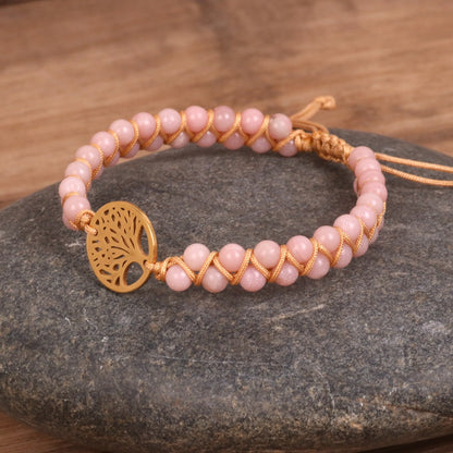 Double Woven Bracelet with Tree Pendant Pink Diamond Stone Bead