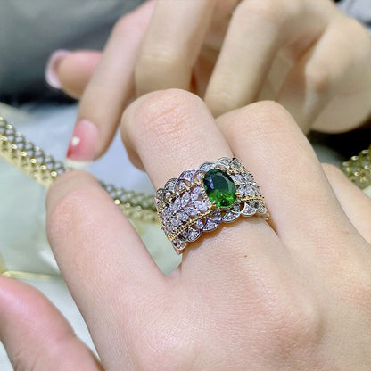 Palace Style Hollow Pattern Two-color Gold High-end Jewelry Lace Imitation Emerald Dove Egg Ring