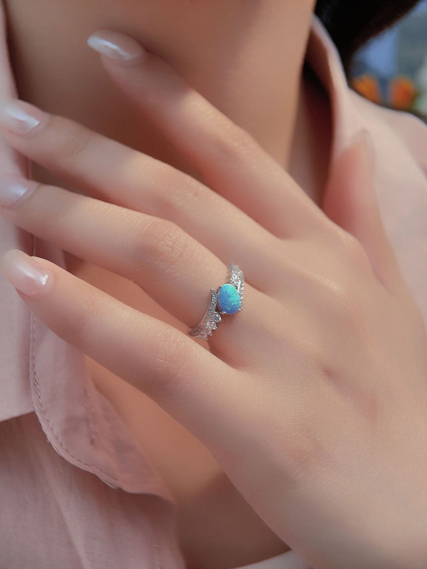 S925 Oval Opal Full Stones Ring