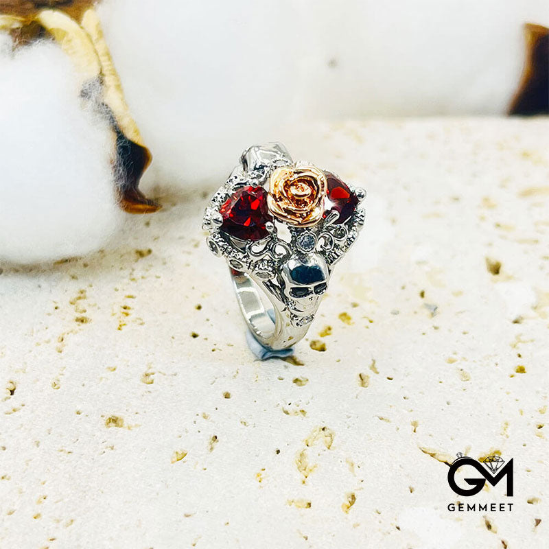 Vintage Skull Heart Red Zircon Ring