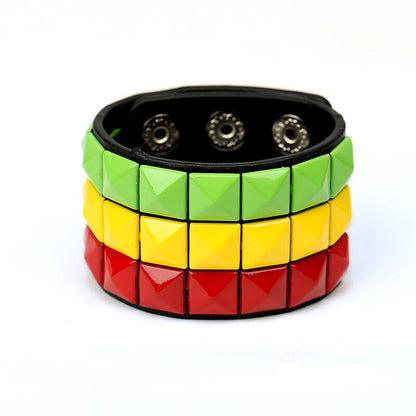 Punk Multicolor Square Spike Leather Bracelet Statement Ride Bar Wide Leather Bracelet