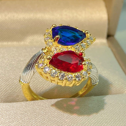 Antique Brushed Two-Tone Gold Imitation Ruby and Sapphire Ring