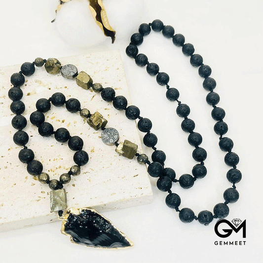 Obsidian Arrow Pendant Rosary Necklace