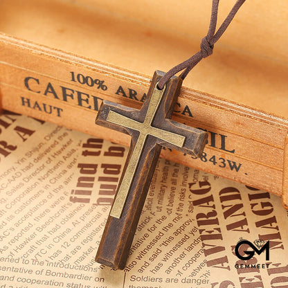 Double Alloy Wood Cross Necklace