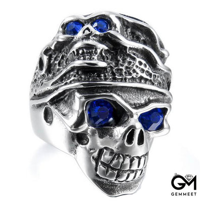 Double Skull Blue Eye Stainless Steel Ring