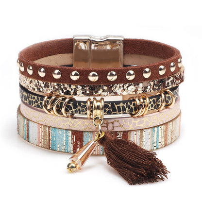 Fashion Multi-Layered Tassel Leather Personality Extra Wide Magnetic Buckle Bracelet