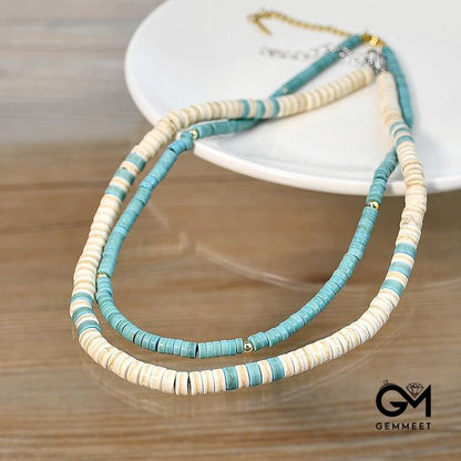 Turquoise White Zircon Roller Bead Necklace