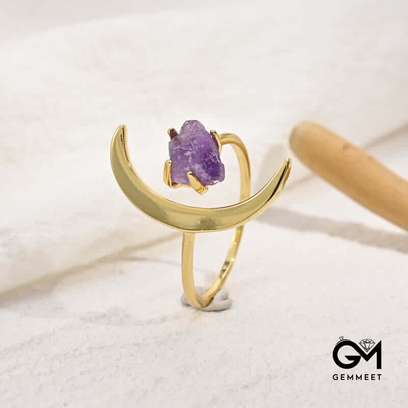 Star And Moon Amethyst Healing Adjustable Ring