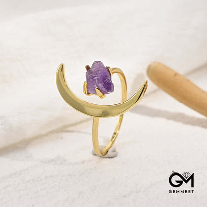 Star And Moon Amethyst Healing Adjustable Ring