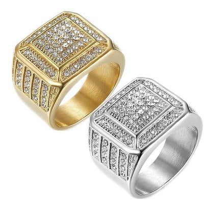 New Hip-Hop Ring Titanium Steel Vacuum Gold-plated Luxury Fully Inlaid Synthetic Cubic Zirconia HIPHOP Men's Ring