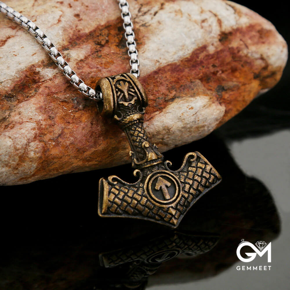 Stainless Steel Odin Thor Hammer Viking Rune Necklace