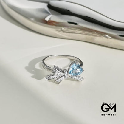 S925 Sterling Silver Blue Heart Shaped Zircon Bow Ring