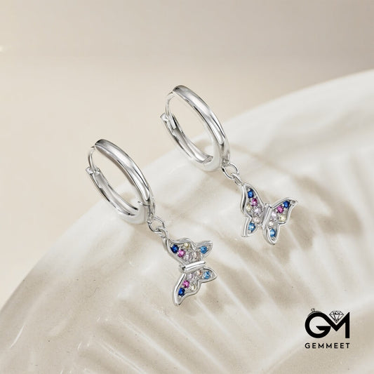 S925 Sterling Silver Colored Round Zircon Butterfly Earrings