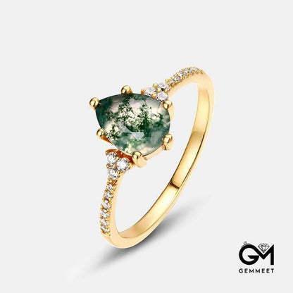 Moss Agate White Zircon Six Claw Ring