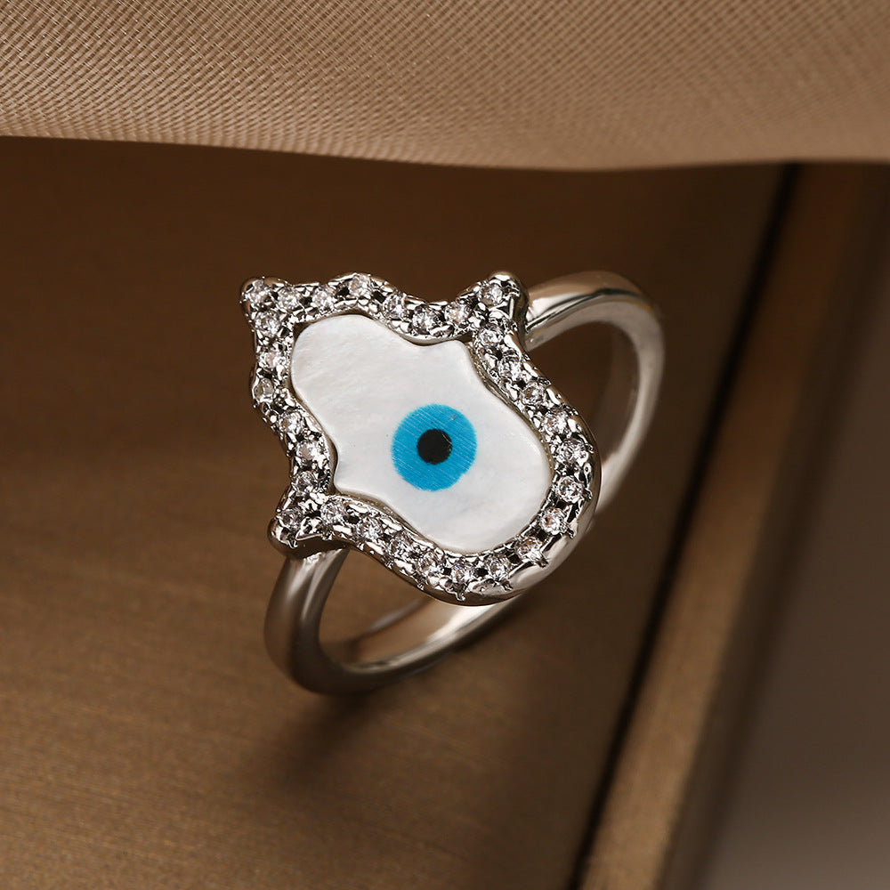 Hamsa Evil Eye Halos Stones Signet Ring