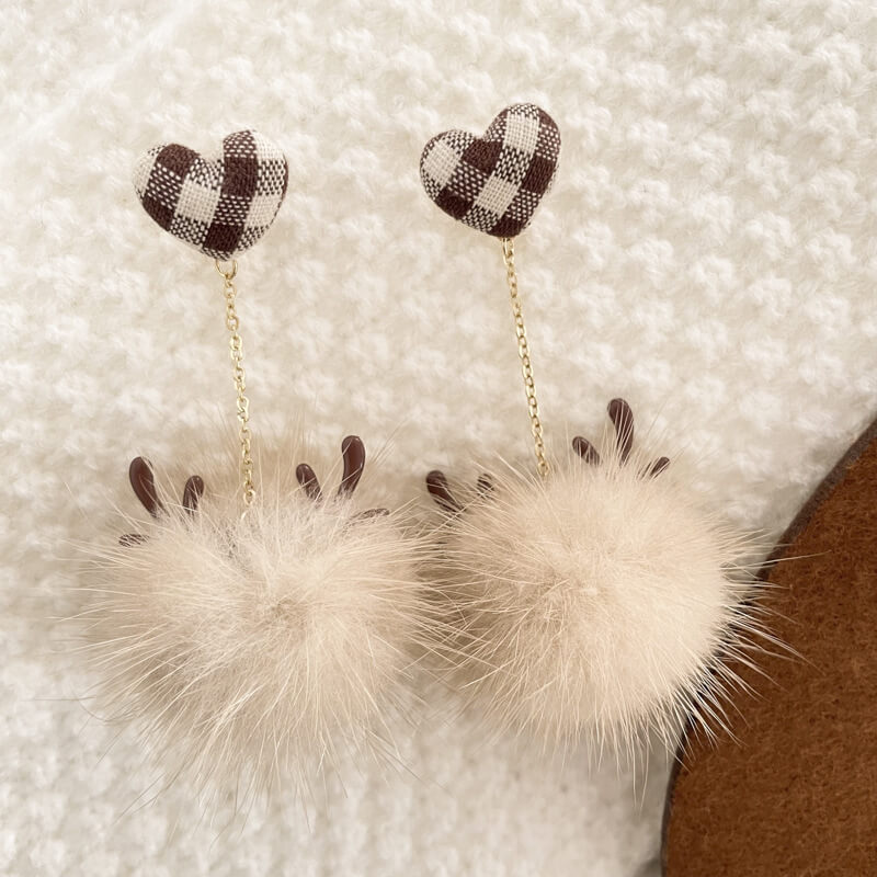 Christmas Elk Fur Ball Brown Girl Sweet Earrings Without Pierced Ear Clips