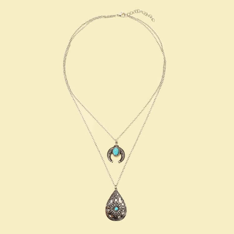 Turquoise Drop Carved Double Layer Pendant Necklace